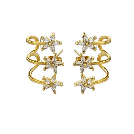 BRINCO FOLHEADO 18K C/ FLORES EM ZIRCONIA