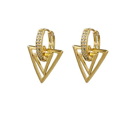 BRINCO FOLHEADO 18K  ARINHO C/ ZIRCONIA E TRIANGULO DUPLO