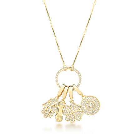 COLAR C/ PINGENTE C/ FECHO ZIRCONIA MAO FIGA TREVO OLHO REDONDO VAZADO