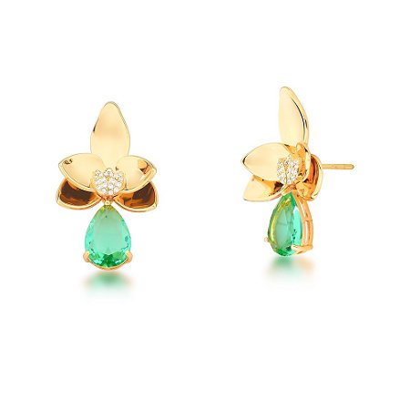 BRINCO FOLHEADO 18K 2 EM 1 PEDRA + ZIRCONIA GOTA PENDULO FLOR