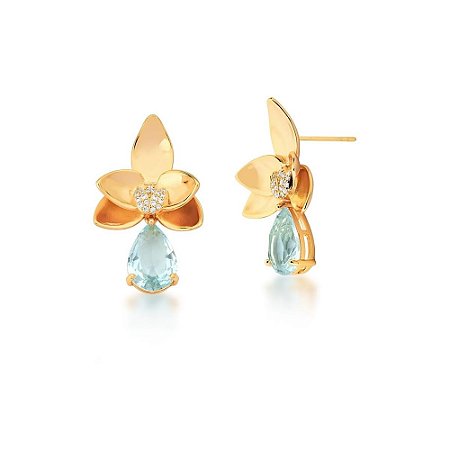BRINCO FOLHEADO 18K 2 EM 1 PEDRA E FLOR