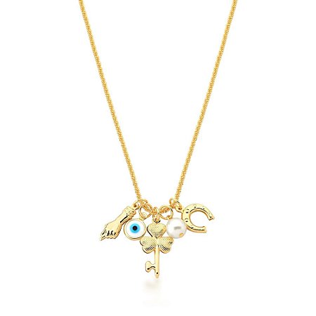 CORRENTE FOLHEADA 18K LISO 5 PINGENTES