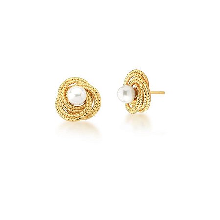BRINCO FOLHEADA 18K BOTAO LISO 1 PEROLA FLOR