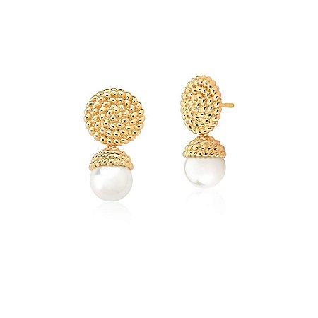 BRINCO FOLHEADO 18K 2 EM 1 LISO TRABALHADO REDONDO PENDULO 1 PEROLA