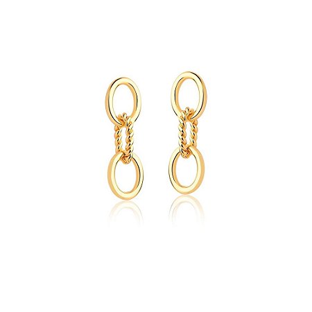 BRINCO FOLHEADO 18K LONGO LISO TRANCADO 3 ELO OVAL