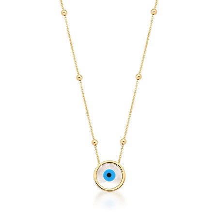 Colar Folheado 18K Bolinhas com Madreperola Olho Grego