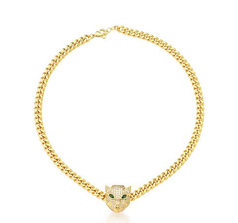 CHOKER BAN. DOURADO CRAV. ZIRC BRANCA PEDRA ESMERALDA ELO GRUMET LEOPARDO