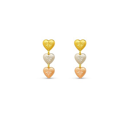 Brinco em Ouro Corações em 3 Cores Amarelo, Branco e Rosê Ref-8.4