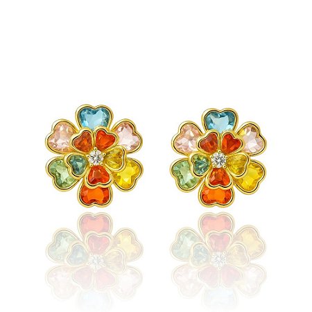 Brinco Folheado 18k Flor em Zirconia Colorida