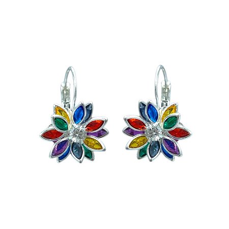 Brinco Folheado Prata Gancho com Flor em Zirconia