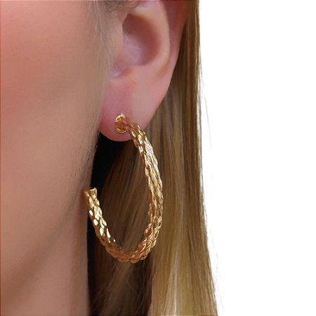 Brinco Folheado 18k Aro Meio Aberto Trançado