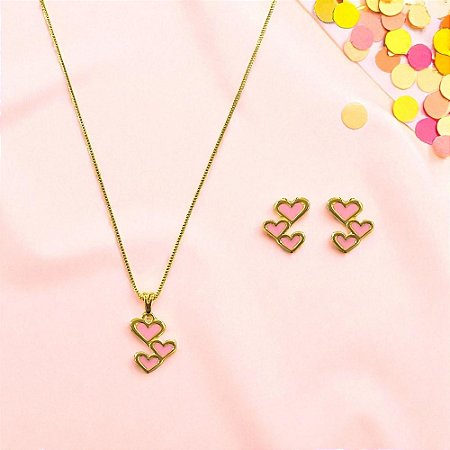 Conjunto Folheado 18k Corações Resinados