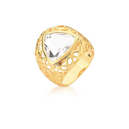 ANEL BAN DOURADO PEDRA BRANCA TRIANGULAR VAZADO CAT