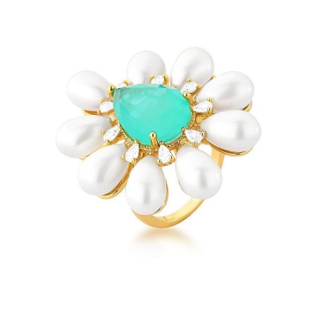 ANEL GRANDE PEDRA FUSION GOTA + PEROLA SHELL + ZIRCONIA INTERCALADO