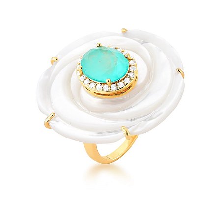 ANEL GRANDE PEDRA + ZIRCONIA FUSION OVAL MADREPEROLA LATERAL VAZADO