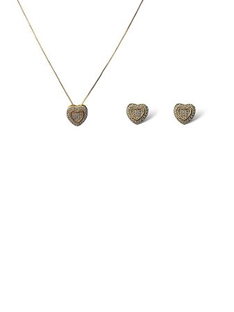Conjunto Folheado 18k  Coraçao com Zirconia