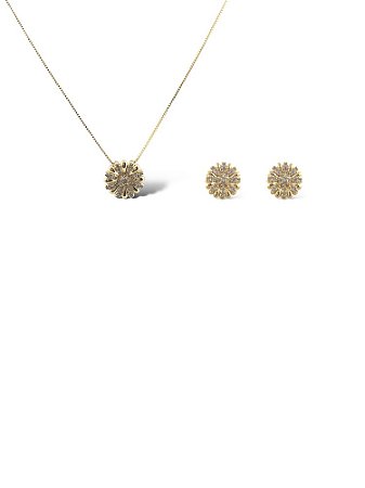 Conjunto Folheado 18k  Flor com Petalas Lisas e em Zirconia