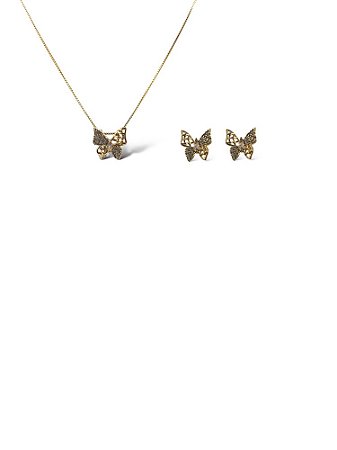 Conjunto Folheado 18k Borboleta Vazada com Zirconia