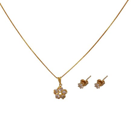 Conjunto Folheado 18k Flor em Zirconia