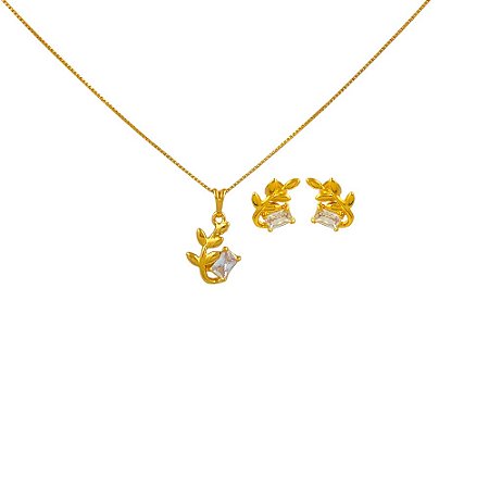 Conjunto Folheado 18k Folhinhas Lisas com Zirconia