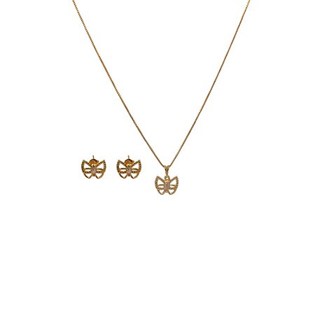 Conjunto Folheado 18k Borboleta Vazada com Zirconia