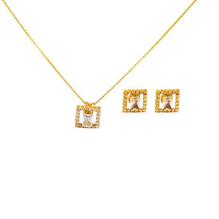 Conjunto Folheado 18k Quadrado Vazado com Zirconia