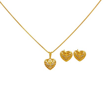 Conjunto Folheado 18k Coracao Vazado com Espirito Santo