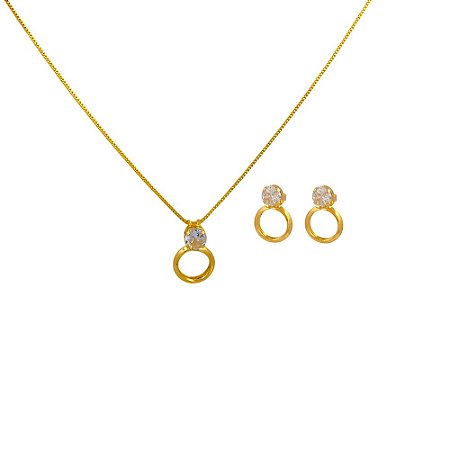 Conjunto Folheado 18k Solitario com Circulo Vazado