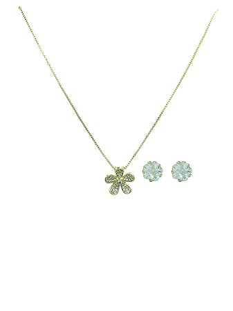 Conjunto Folheado 18k  Flor em Zirconia