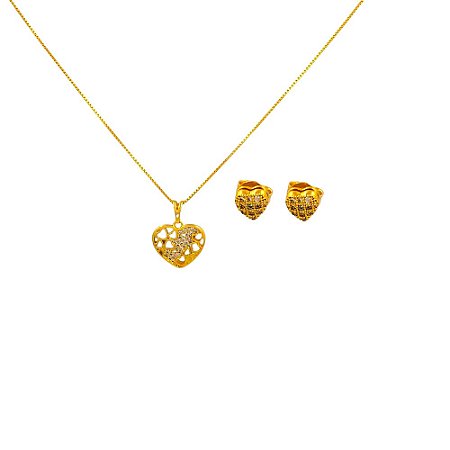 Conjunto Folheado 18k Coraçao Vazado com Zirconia