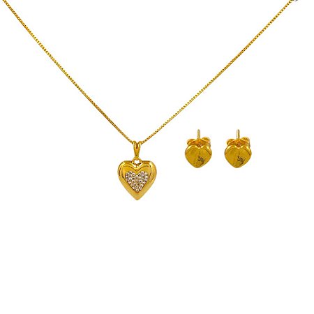 Conjunto Folheado 18k Coraçao com Zirconia