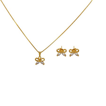 Conjunto Folheado 18k  Borboleta Vazada com Zirconia