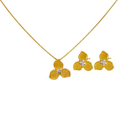 Conjunto Folheado 18k Flor com Zirconia