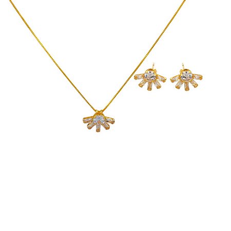 Conjunto Folheado 18k Meia Flor em Zirconia