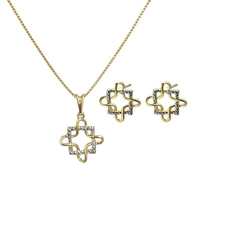 Conjunto Folheado 18k  Quadrado Vazado com Detalhe em Zirconia