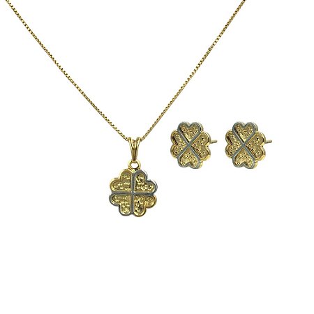 Conjunto Folheado 18k  Trevo com Detalhe em Rodhium