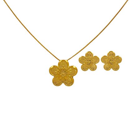 Conjunto Folheado 18k Flor Trabalhada