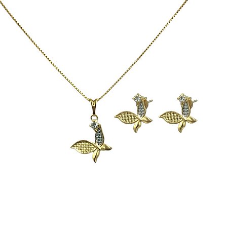 Conjunto Folheado 18k Borboleta com Detalhe em Rodhium e Zirconia