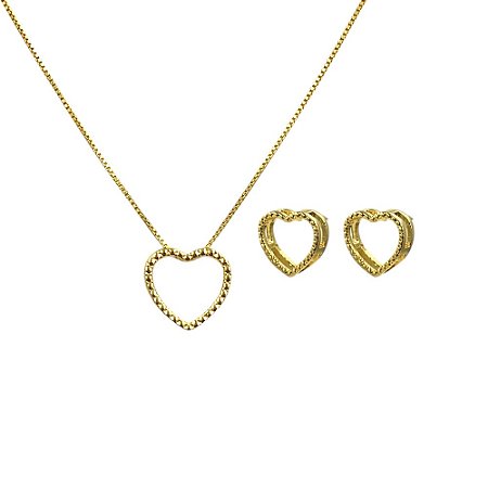 Conjunto Folheado 18k Coraçao Vazado