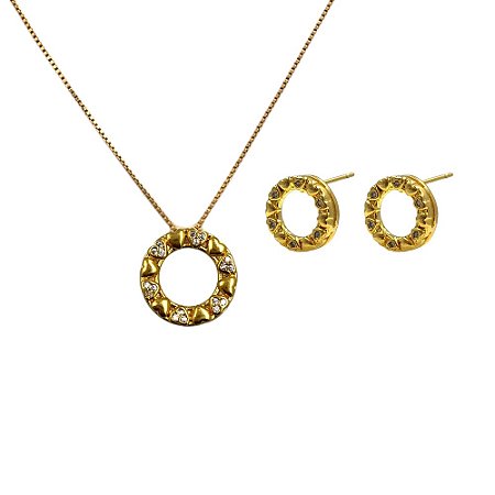 Conjunto Folheado 18k Circulo Vazado com Detalhe em Zirconia