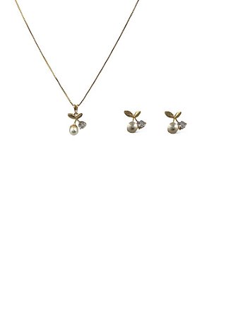 Conjunto Folheado 18k  Perola com Solitario em Zirconia