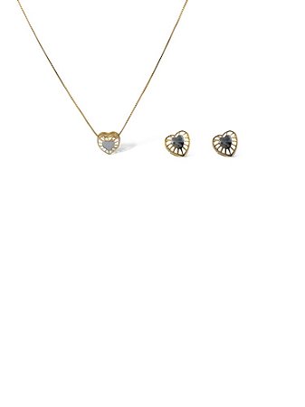 Conjunto Folheado 18k Coraçao Vazado com Detalhe em Rodhium