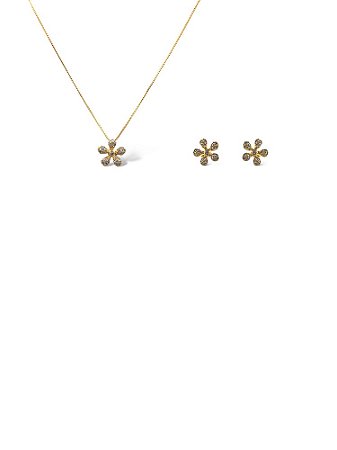 Conjunto Folheado 18k Flor em Zirconia