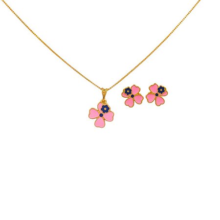 Conjunto Folheado 18k Infantil  Flor Esmaltada