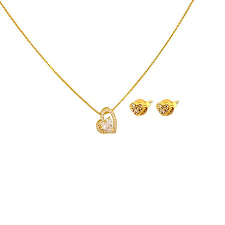 Conjunto Folheado 18k Coracao Vazado com Zirconia