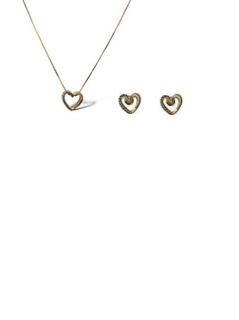 Conjunto Folheado 18k Coraçao Vazado Metade Liso e Zirconia