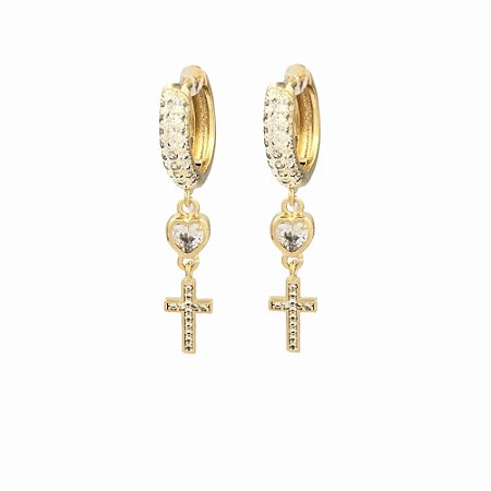 Brinco Folheado 18k com Zirconia e Cruz Pendurada