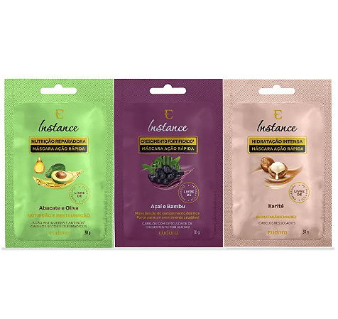 Combo Sachê Máscara Instance: Karité 30g + Abacate e Oliva 30g + Açaí e Bambu 30g