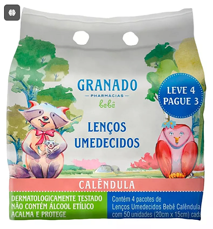Kit Lenços Umedecidos Bebê Calêndula Granado 50 Un - Leve 4 Pague 3