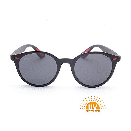 Óculos de Sol Masculino Redondo Acetato Preto com Detalhes Vermelhos